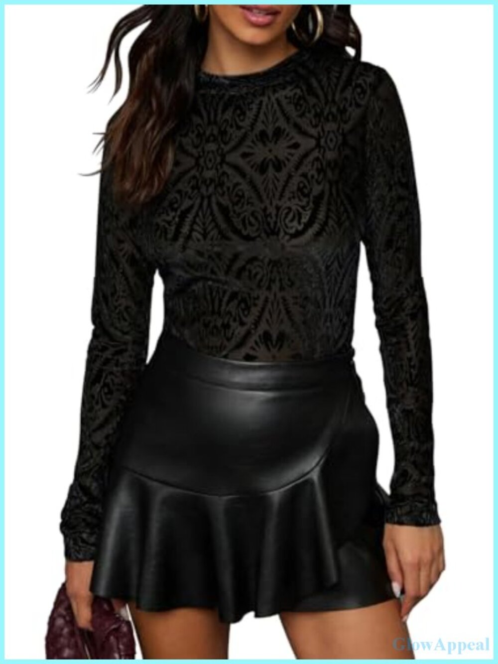 Velvet Burnout Top Crew Neck Long Sleeve Slim Fit Blouse